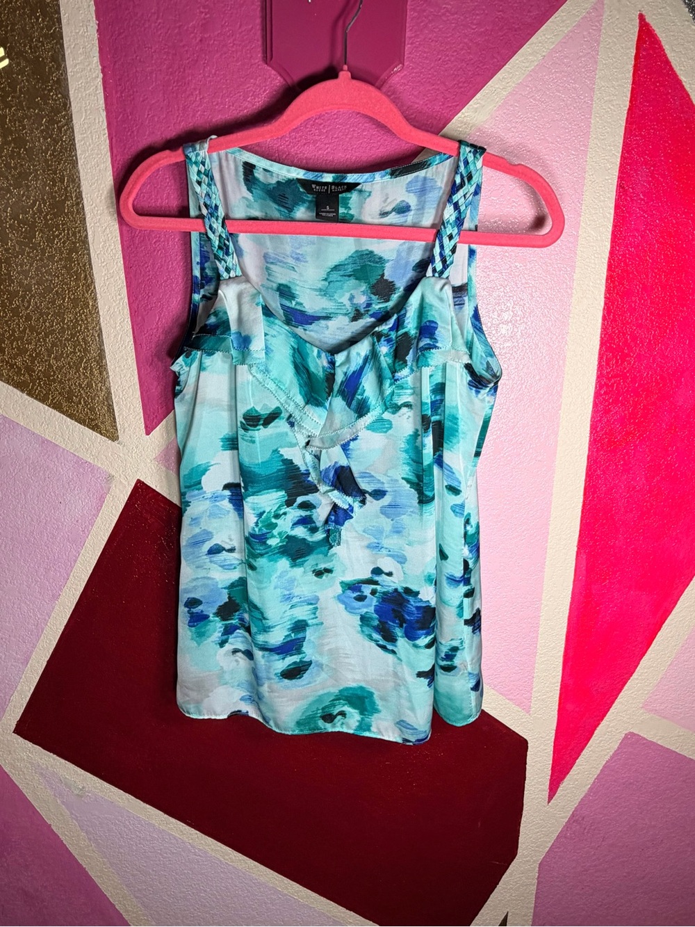 White House Black Market Teal Watercolor Floral Ruffle Tank sz S
